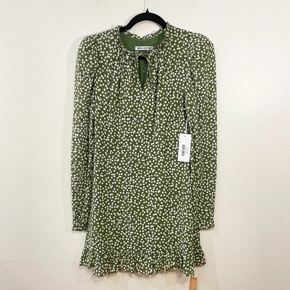 Last Chance! New Reformation Marcy Spotted Mini Dress Moiret Green 4, S $218 - Picture 3 of 11